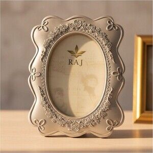 RAJ Ornate Silver Metal Oval Photo Frame with Floral Pattern, Free Standing